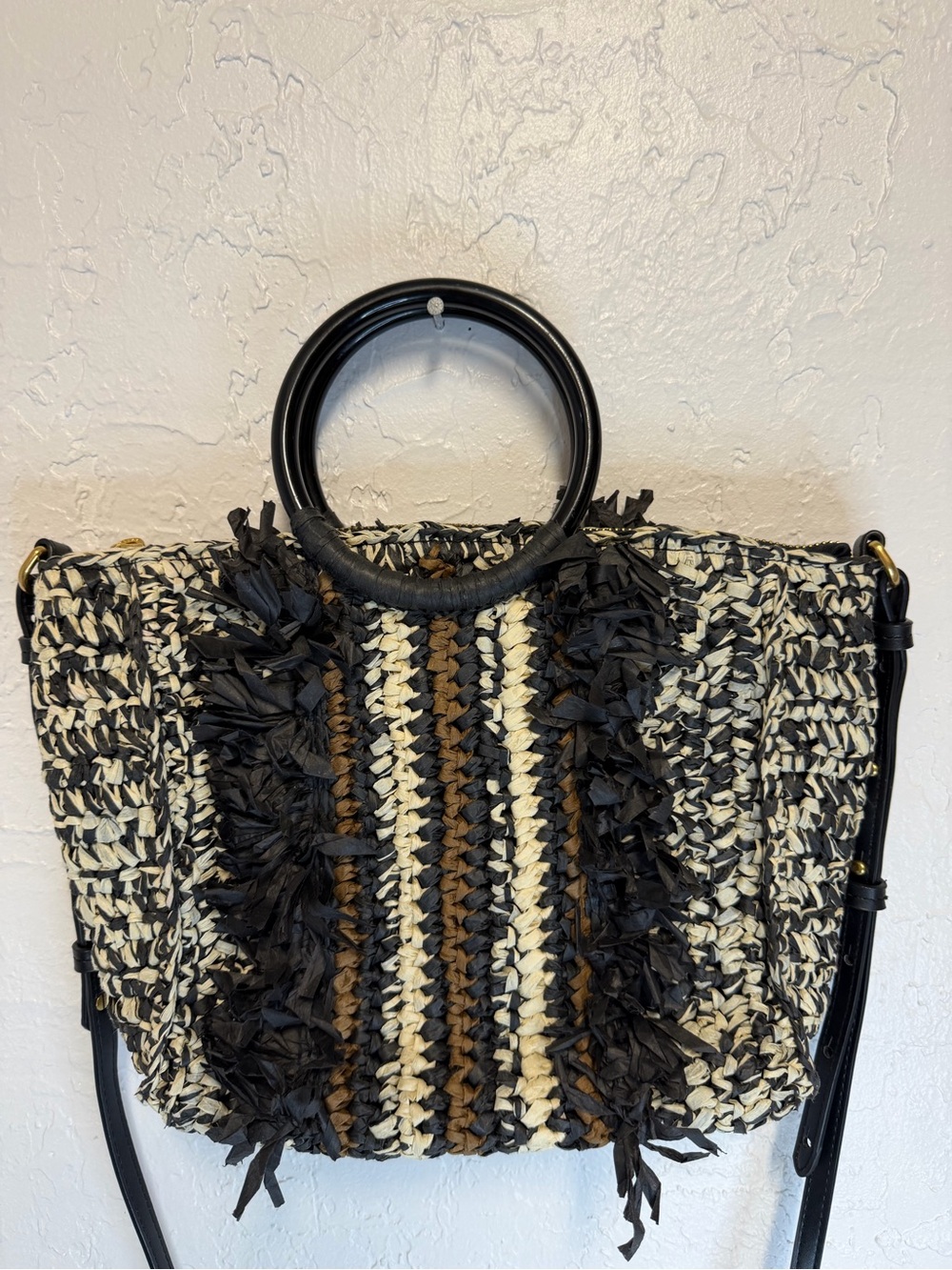 Banana Republic Woven Fringe Crossbody in Black, Cream & Brown